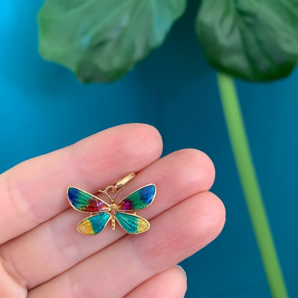18k Solid Gold Vintage Enamel Butterfly Pendant Charm Y2K